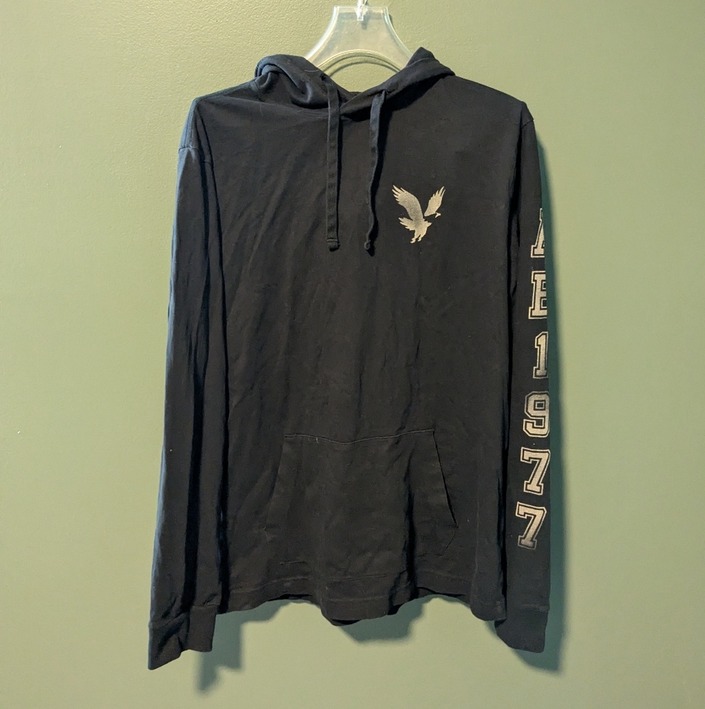 American Eagle Men's Black Hooded Long-Sleeve Shirt With Graphic